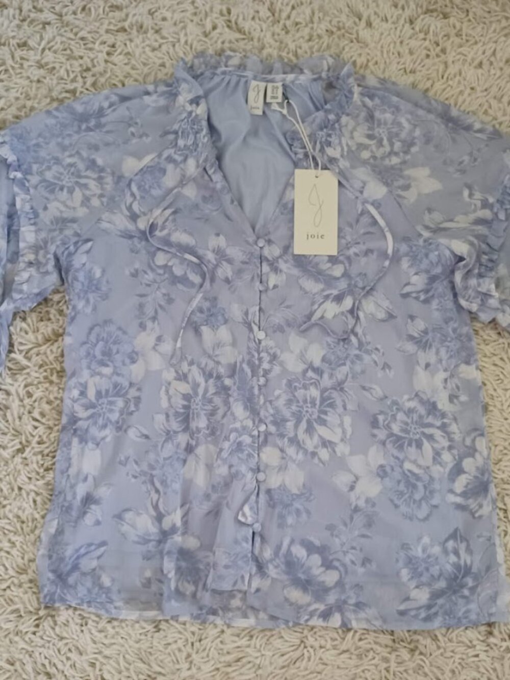 Joie NWT Floral Ruffle Blouse Women's Medium Blue Sheer Button Front Top M
